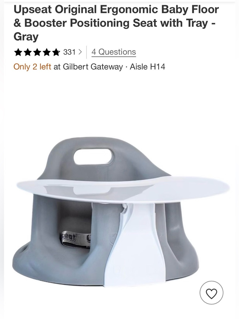 Upseat Original Ergonomic Baby Seat with White Tray - Gray